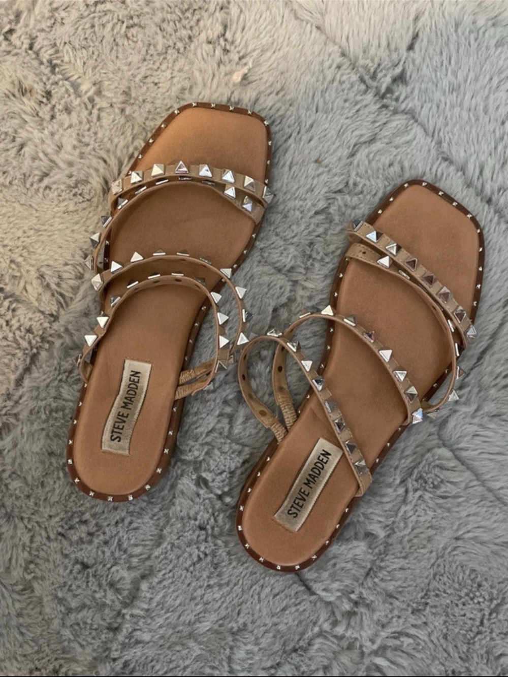 Steve Madden Nude/Tan Pyramid Stud Strappy Slide Sandals